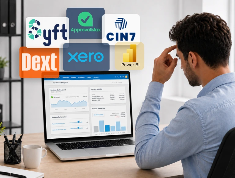Person reviewing a Xero dashboard on a laptop with supported finance system icons for Xero, Dext, Cin7, Syft, ApprovalMax and Power BI displayed above the screen.